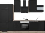 Küche FLEX-WELL "Capri", schwarz (küche: schwarz, front: schwarz, korpus: endgrain oak, arbeitsplatte: endgrain oak), B:310cm H:234cm T:60cm, Komplettküchen-Sets, Küche, mit und ohne E-Geräten erhältlich, Gesamtbreite 310 cm