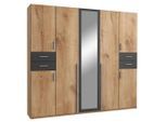 P & B , Graphitfarben, Eichefarben , Holzwerkstoff , 6 Fächer , 4 Schublade(n) Schubladen , 225x208x58 cm , BQ - Bündnis für Qualität, Made in Germany, DIN EN ISO 9001 , in verschiedenen Größen erhältlich, in verschiedenen Holzdekoren erhältlich, Schrankfront mit Spiegel , Schlafzimmer, Kleiderschränke, Drehtürenschränke