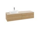 Villeroy und Boch Antao Waschtisch-Unterschrank L37153HN mit Beleuchtung mit Struktur, 160x36x50cm, Hahnlochbohrung, Waschbeckenplattenfarbe botticino, honey oak