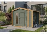Gartenhaus WEKA "Killarney", grüngrau, eiche hell, ohne Fußboden, ohne Dacheindeckung, Massivholz, Gartenhäuser, Gartenhaus, Doppeltür, 1 1/2 Seite mit Fenster