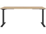 Schreibtisch GERMANIA "Lissabon", braun (lindberg, eiche, nachbildung, schwarz, schwarz, lindberg, eiche, nachbildung), B:180cm H:120cm T:80cm, Tische, Schreibtisch, Die Bedieneinheit speichert 3 Höhen und hat einen USB-Ladeport.