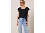 Kurzarmbluse STREET ONE STUDIO, Damen, Gr. 42, schwarz, Stoff, 100% Viskose, unifarben, normal normal, V-Ausschnitt, abgesteppt, Blusen, aus softer Viskose