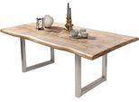 Baumkantentisch SIT, braun (natur, antiksilber, antiksilber, natur), B:240cm H:76cm T:100cm, Platte Mango massiv, Gestell Metall, Tische, Baumkantentisch, trendiges Kufen-Gestell