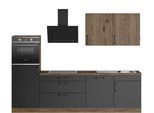 Küchenzeile WIHO KÜCHEN "Elba", schwarz (küche: schwarz, korpus: halifax eichefarben braun, arbeitsplatte: halifax eichefarben braun), B:280cm T:60cm, Komplettküchen-Sets, Küchenzeile, wahlweise mit Hanseatic E-Geräten, Breite 280 cm