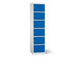 Akku Ladeschrank, 6 Abteile mit Zylinderschloss, CH-Stecker, Stahlblech lichtgrau RAL 7035/enzianblau RAL 5010