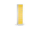 Laptopschrank mit Ladefunktion, 10 Abteile mit Zylinderschloss, CH-Stecker, Stahlblech lichtgrau RAL 7035/verk.gelb RAL 1023