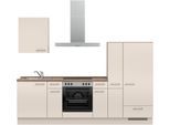 Küchenzeile NOBILIA "Laser I", NEU: individuell anpassbar mit gratis Profi-Beratung", beige (küche: natur, korpus: sandfarben, arbeitsplatte: eiche havanna nachbildung), B:270,3cm H:216,6cm T:60cm, Komplettküchen-Sets, Küchenzeile, vormontiert, 270 cm breit, optional mit verschiedenen E‑Geräte-Sets
