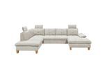 Mid.you , Beige , Textil , Eiche , vollmassiv , Ottomane links, U-Form , 324x220 cm , Made in EU , Rücken echt, Armteil rechts , Wohnzimmer, Sofas & Couches, Wohnlandschaften, Wohnlandschaften U-Form