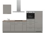Küchenzeile NOBILIA "Laser I", NEU: individuell anpassbar mit gratis Profi-Beratung", grau (küche: grau, korpus: taupegrau, arbeitsplatte: eiche havanna nachbildung), B:300,3cm H:216,6cm T:60cm, Komplettküchen-Sets, Küchenzeile, vormontiert, 300 cm breit, optional mit verschiedenen E‑Geräte-Sets