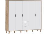 Kleiderschrank FORTE "Vankka, Drehtürenschrank, Viel Stauraum, skandinavischer Stil", weiß (planked eiche, weiß), B:228,8cm H:201,5cm T:52,7cm, Schränke, Kleiderschrank, Made in Europe, mit Einlegeböden+Kleiderstangen+Schubladen,grifflos