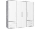 Drehtürenschrank FORTE "Kleiderschrank,zeitloses Design, 4 türig", betonoptik lichtgrau, weiß, B:205,9cm H:200cm T:53cm, Holzwerkstoff, Schränke, Drehtürenschrank, viel Stauraum, Schubladen, Stangengriffe, Made in Europe