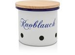 Vorratsdose KRÜGER "Emaille Vorratsdose Husum für Knoblauch mit Holzdeckel, 10 cm", blau (weiß, blau, natur), H:10,5cm Ø:10cm, Emaille, Lebensmittelaufbewahrungsbehälter, Vorratsdose, schnitt-/kratzfeste Oberfläche, Bakterienabweisend, extrem langlebig