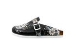 Hausschuh DOGO "Comfie Pantoletten Hausschuhe Bee With Flowers Damen Sandalen", Damen, Gr. 40, Normalschaft, schwarz, Lederimitat, Schuhe Hausschuh, Handgefertigt