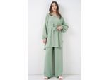 Crew Neck Tie Detail Tuniek en Wijde Pantalon Set