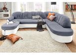 Wohnlandschaft DOMO COLLECTION "ELVA 293x180x84 cm, elegante Rückensteppung, U-Form", weiß (weiß, silber), B:293cm H:84cm T:180cm, (geprägte) Luxus-Microfaser (100% Polyester);Kunstleder SOFTLUX / Struktur (100% Polyester);Microfaser PRIMABELLE (100% Polyester), Sofas, Wohnlandschaft, whlw. mit Bettfunktion und Federkern
