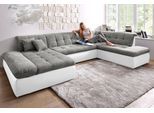 Wohnlandschaft DOMO COLLECTION "MORIC 353x216x80 cm, mit viel Platz, U-Form, auch in Cord", grau (weiß, weiß, grau), B:353cm H:80cm T:216cm, Microfaser PRIMABELLE / Struktur (90% Polyester/ 10% Polyacryl);Kunstleder SOFTLUX / Struktur (90% Polyester/ 10% Polyacryl), Sofas, Wohnlandschaft, im XXL-Format, wahlweise mit Bettfunktion und Armlehnenverstellung