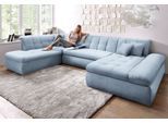 Wohnlandschaft DOMO COLLECTION "MORIC Massiv - Belastbar bis 140 kgxSitz, 353x216x80 cm, XXL", blau (pastelblau), B:353cm H:80cm T:216cm, Chenille (85% Polyester, 15% Acryl), Sofas, Wohnlandschaft, U-Form, inkl. Zierkissen