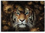 Glasbild REINDERS "Glasbild Tiger Tierreich - Blumen - Herbstfarben - Blaue Augen", braun (farbe bild(er): braun), B:70cm H:50cm, Acrylglas, Bilder