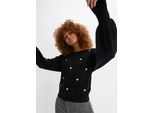 Strickpullover BONPRIX "Feinstrickpullover aus Viskose-Mix", Damen, Gr. 36/38 (S), schwarz, Feinstrick, Obermaterial: 50% Viskose, 26% Polyamid, 24% Polyester, bestickt, unifarben, bequem hüftlang, Rundhals, weit extrabreites Bündchen, Pullover Strickpullover, aus Viskose-Mix, mit Herzen-Stickerei, bequeme Passform