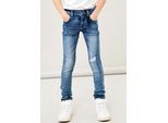 Stretch-Jeans NAME IT "NKMPETE DNMTONSON", Jungen, Gr. 104, N-Gr, blau (medium blau denim), Denim/Jeans, Obermaterial: 74% Baumwolle, 24% Polyester, 1% Elasthan, 1% Viskose, Abriebeffekte, skinny fit normal, Jeans
