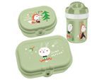 Lunchbox KOZIOL "HOP ON TO GO", grün (pistachio), B:7,4cm H:23,4cm L:15,4cm, Kunststoff, Lebensmittelaufbewahrungsbehälter, Lunchbox, 3-teiliges Set, mit handlicher Trinkflasche, mit Clipverschluss