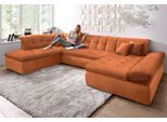 Wohnlandschaft DOMO COLLECTION "NMORIC im XXL-Format, 353x216x80 cm, inkl. Zierkissen U-Form", orange (terrakotta), B:353cm H:80cm T:216cm, Microfaser PRIMABELLE (100% Polyester);Chenille (85% Polyester, 15% Acryl);Luxus-Microfaser (100% Polyester);Struktur ( 100% Polyester), Sofas, Wohnlandschaft, wahlweise mit Bettfunktion und Armlehnenverstellung