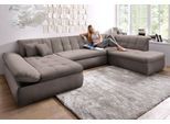 Wohnlandschaft DOMO COLLECTION "NMORIC im XXL-Format, 353x216x80 cm, inkl. Zierkissen U-Form", grau (taupe), B:353cm H:80cm T:216cm, Microfaser PRIMABELLE (100% Polyester);Chenille (85% Polyester, 15% Acryl);Luxus-Microfaser (100% Polyester);Struktur ( 100% Polyester), Sofas, Wohnlandschaft, wahlweise mit Bettfunktion und Armlehnenverstellung
