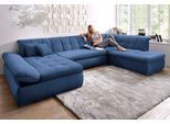 Wohnlandschaft DOMO COLLECTION "NMORIC im XXL-Format, 353x216x80 cm, inkl. Zierkissen U-Form", blau, B:353cm H:80cm T:216cm, Microfaser PRIMABELLE (100% Polyester);Chenille (85% Polyester, 15% Acryl);Luxus-Microfaser (100% Polyester);Struktur ( 100% Polyester), Sofas, Wohnlandschaft, wahlweise mit Bettfunktion und Armlehnenverstellung