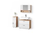 BADMÖBEL-SET Ronco Weiß Hochglanz/Goldkraft Eiche 3 Teile, mit Schubladenschrank und Midischrank