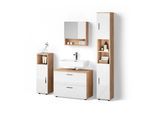BADMÖBEL-SET Ronco Weiß Hochglanz/Goldkraft Eiche 4 Teile, mit Schubladenschrank und Hochschrank