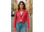 Dames fuchsia roze cropped Brando leren bikerjack - Durban