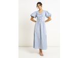 Blaues Baumwollmix-Krawattenkleid mit Puffärmeln