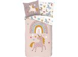 Kinderbettwäsche GOOD MORNING "Unilove", rosa, B/L: 135cm x 200cm, 1 Stk., 1 Stk., Renforcé, B/L: 80cm x 80cm, 2 Stk., Renforcé, Obermaterial: 100% Baumwolle, Bettwäsche, Baumwolle, 135x200, Reißverschluss, Wende, Kind Mädchen, Einhorn, Rosa