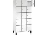 C+P Schliessfachschrank Cambio, 3 Abteile, 15 Fächer, auf Füssen, B 900 x T 525 x H 1980 mm, verkehrsweiss/weiss
