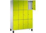 C+P Schliessfachschrank Cambio, 4 Abteile, 12 Fächer, auf Füssen, B 1200 x T 525 x H 1980 mm, lichtgrau/clowngrün