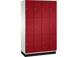 C+P Schliessfachschrank Cambio, 4 Abteile, 12 Fächer, mit Sockel, B 1200 x T 525 x H 1980 mm, lichtgrau/rubinrot