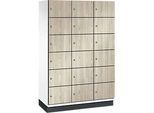C+P Schliessfachschrank Cambio, 3 Abteile, 18 Fächer, mit Sockel, B 1200 x T 525 x H 1980 mm, verkehrsweiss/Sen Esche‑Dekor