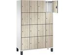C+P Schliessfachschrank Cambio, 4 Abteile, 16 Fächer, auf Füssen, B 1200 x T 525 x H 1980 mm, verkehrsweiss/Sen Esche‑Dekor