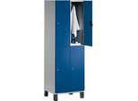 C+P Doppelstöckiger Spind Cambio, 2 Abteile, 4 Fächer, auf Füssen, B 600 x T 525 x H 1980 mm, lichtgrau/enzianblau