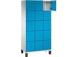 C+P Schliessfachschrank Cambio, 3 Abteile, 15 Fächer, auf Füssen, B 900 x T 525 x H 1980 mm, lichtgrau/lichtblau