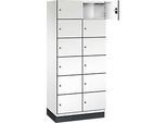 C+P Schliessfachschrank Cambio, 2 Abteile, 12 Fächer, mit Sockel, B 800 x T 525 x H 1980 mm, verkehrsweiss/weiss