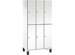 C+P Doppelstöckiger Spind Cambio, 3 Abteile, 6 Fächer, auf Füssen, B 900 x T 525 x H 1980 mm, verkehrsweiss/weiss