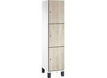 C+P Schliessfachschrank Cambio, 1 Abteil, 3 Fächer, auf Füssen, B 400 x T 525 x H 1980 mm, verkehrsweiss/Sen Esche-Dekor