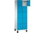 C+P Schliessfachschrank Cambio, 2 Abteile, 10 Fächer, auf Füssen, B 600 x T 525 x H 1980 mm, lichtgrau/lichtblau