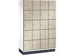 C+P Schliessfachschrank Cambio, 4 Abteile, 20 Fächer, mit Sockel, B 1200 x T 525 x H 1980 mm, verkehrsweiss/Sen Esche‑Dekor