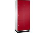 C+P Schliessfachschrank Cambio, 2 Abteile, 6 Fächer, mit Sockel, B 800 x T 525 x H 1980 mm, lichtgrau/rubinrot