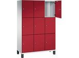 C+P Schliessfachschrank Cambio, 3 Abteile, 9 Fächer, auf Füssen, B 1200 x T 525 x H 1980 mm, lichtgrau/rubinrot