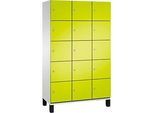 C+P Schliessfachschrank Cambio, 3 Abteile, 15 Fächer, auf Füssen, B 1200 x T 525 x H 1980 mm, lichtgrau/clowngrün