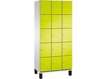 C+P Schliessfachschrank Cambio, 3 Abteile, 15 Fächer, auf Füssen, B 900 x T 525 x H 1980 mm, lichtgrau/clowngrün