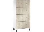 C+P Schliessfachschrank Cambio, 3 Abteile, 12 Fächer, auf Füssen, B 900 x T 525 x H 1980 mm, verkehrsweiss/Sen Esche‑Dekor